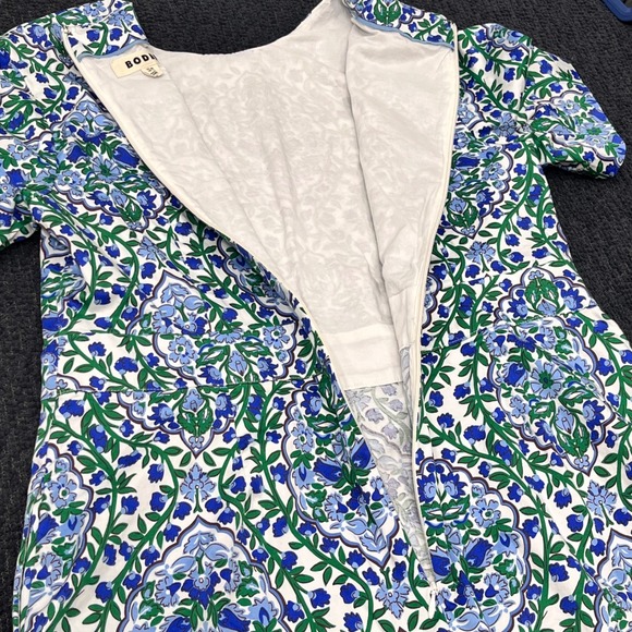 Boden Blue Green Floral Damask Short Sleeve Mini Shift Dress Pockets US 10L - Picture 7 of 9